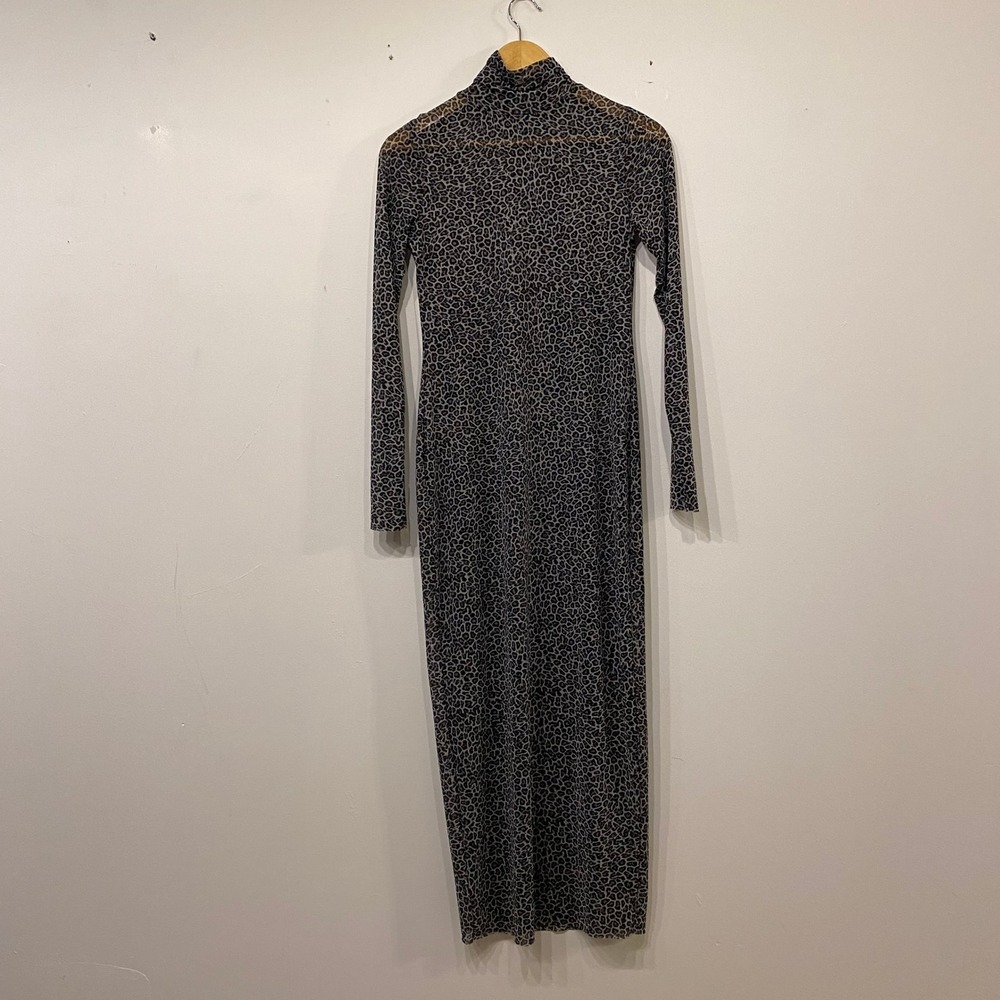 AFRM Los Angeles Leopard Print Sheer Mesh Turtleneck Maxi Dress Grey Black M